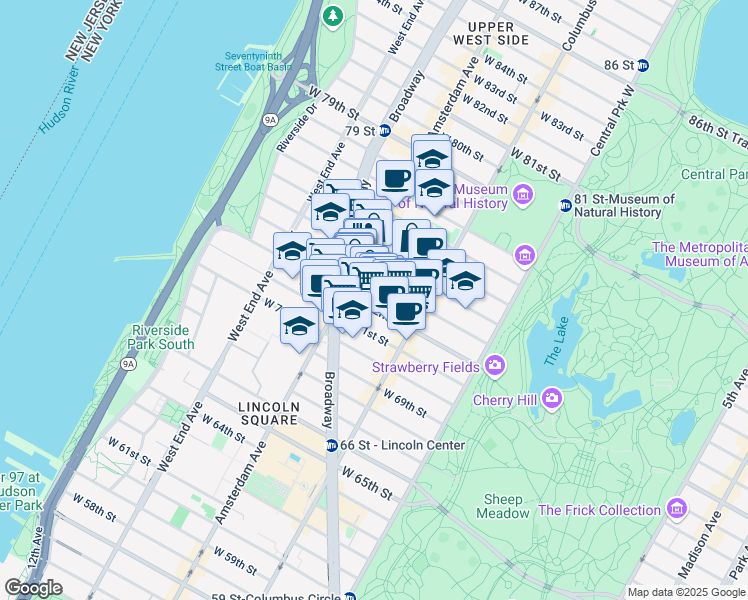map of restaurants, bars, coffee shops, grocery stores, and more near 151 West 72nd Street in New York