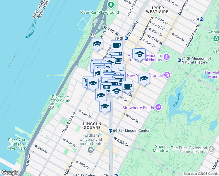 map of restaurants, bars, coffee shops, grocery stores, and more near 224 West 72nd Street in New York