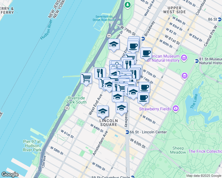 map of restaurants, bars, coffee shops, grocery stores, and more near 271 West 71st Street in New York