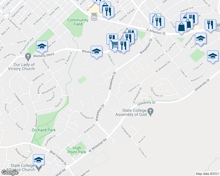 map of restaurants, bars, coffee shops, grocery stores, and more near 450 Waupelani Drive in State College