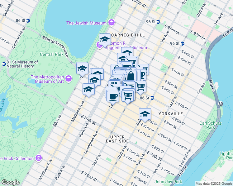 map of restaurants, bars, coffee shops, grocery stores, and more near 133 East 84th Street in New York