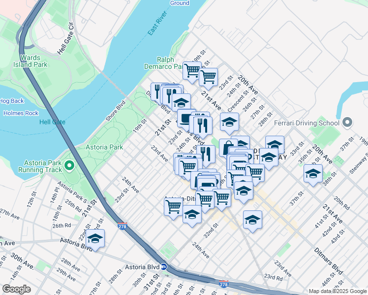 map of restaurants, bars, coffee shops, grocery stores, and more near 22-33 24th Street in Queens