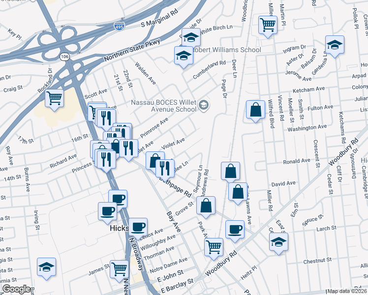 map of restaurants, bars, coffee shops, grocery stores, and more near 28 Violet Avenue in Hicksville