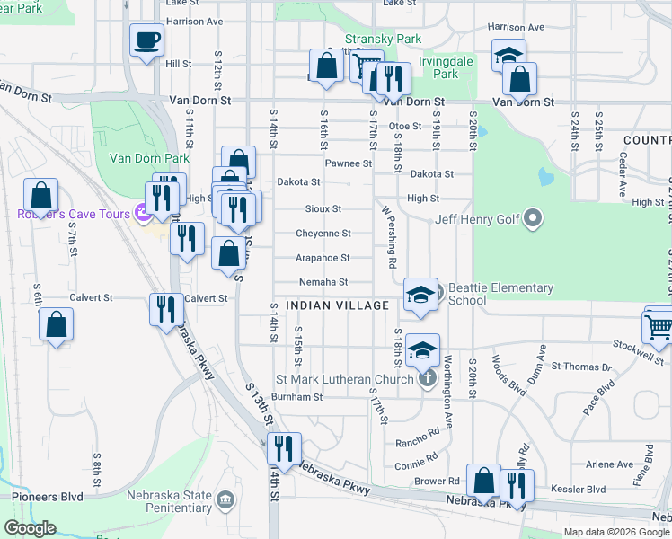 map of restaurants, bars, coffee shops, grocery stores, and more near 1600 Arapahoe Street in Lincoln
