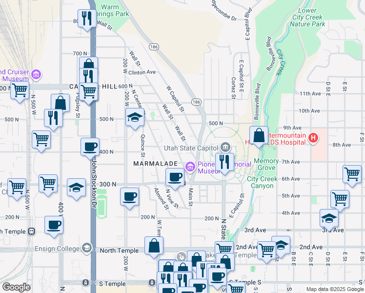 map of restaurants, bars, coffee shops, grocery stores, and more near 49 West Fourth North in Salt Lake City