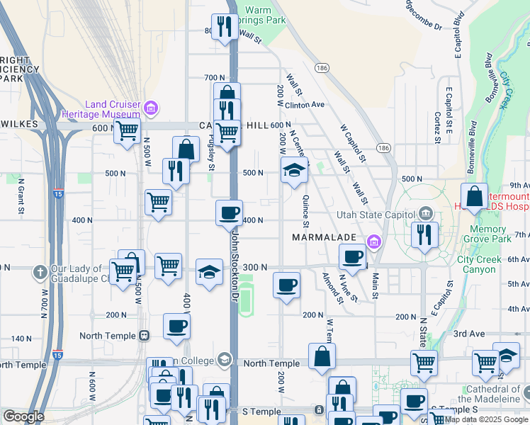 map of restaurants, bars, coffee shops, grocery stores, and more near 248 Bishop Place in Salt Lake City