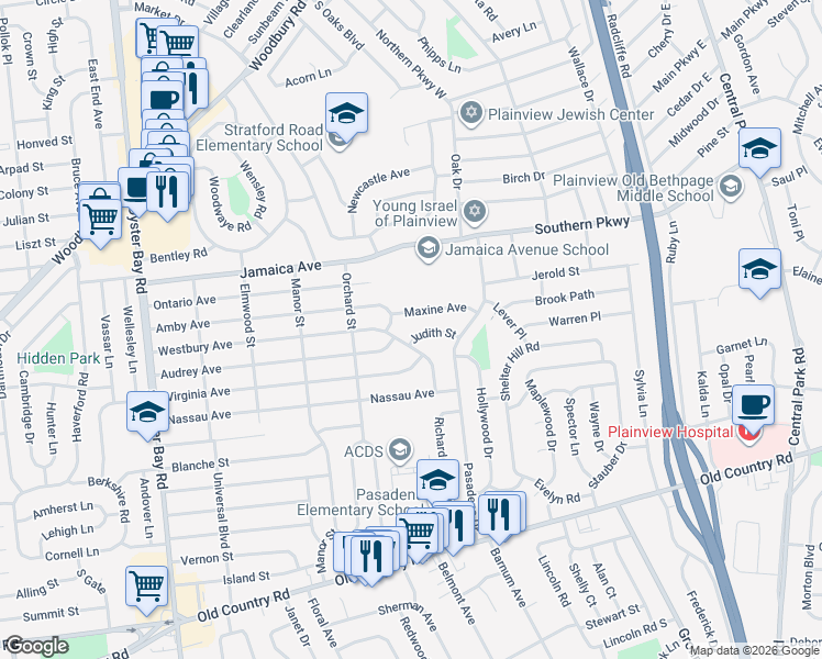 map of restaurants, bars, coffee shops, grocery stores, and more near 4 Maxine Avenue in Plainview