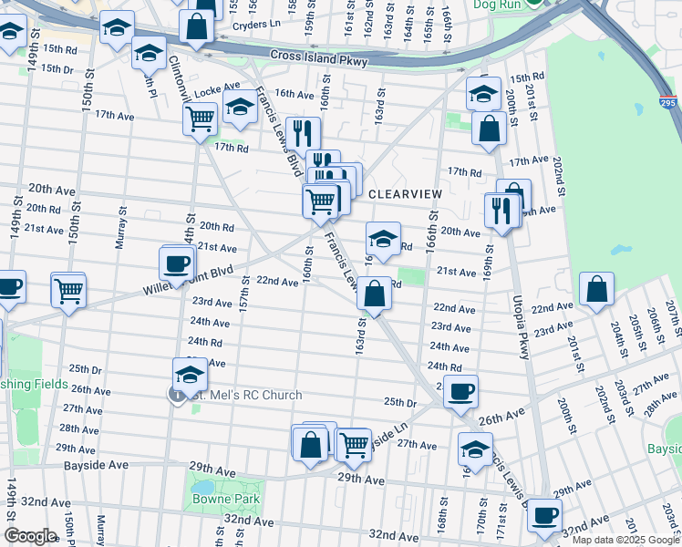 map of restaurants, bars, coffee shops, grocery stores, and more near 160-44 20th Road in Queens