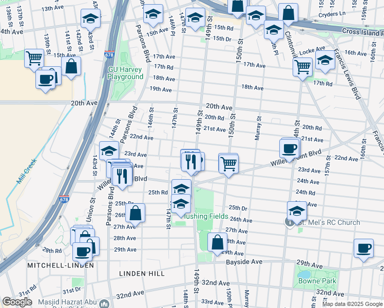 map of restaurants, bars, coffee shops, grocery stores, and more near 147-34 22nd Avenue in Queens