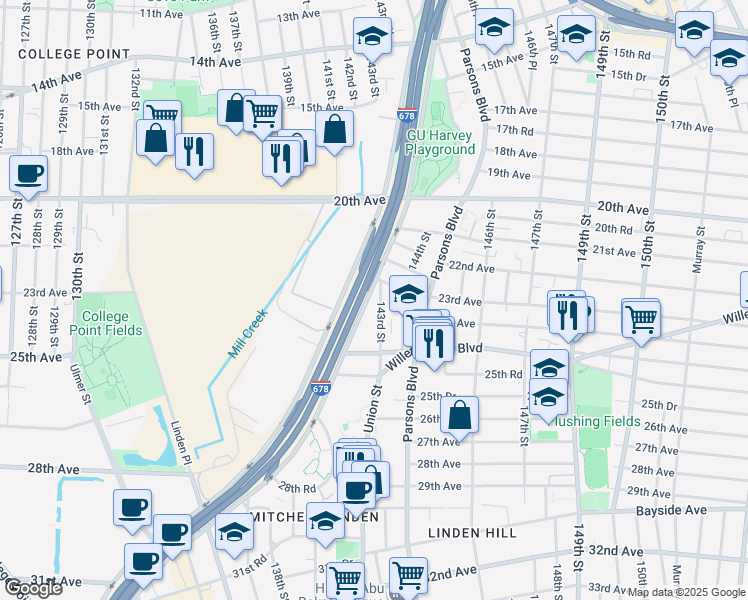 map of restaurants, bars, coffee shops, grocery stores, and more near 143-11 22nd Road in Queens