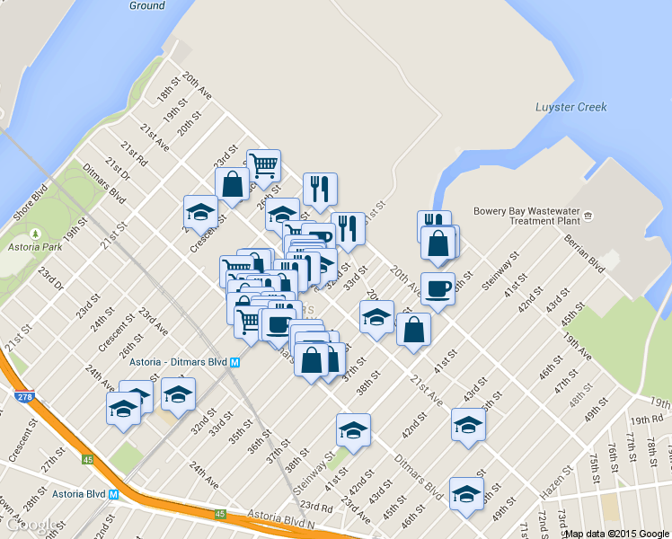 map of restaurants, bars, coffee shops, grocery stores, and more near in Queens