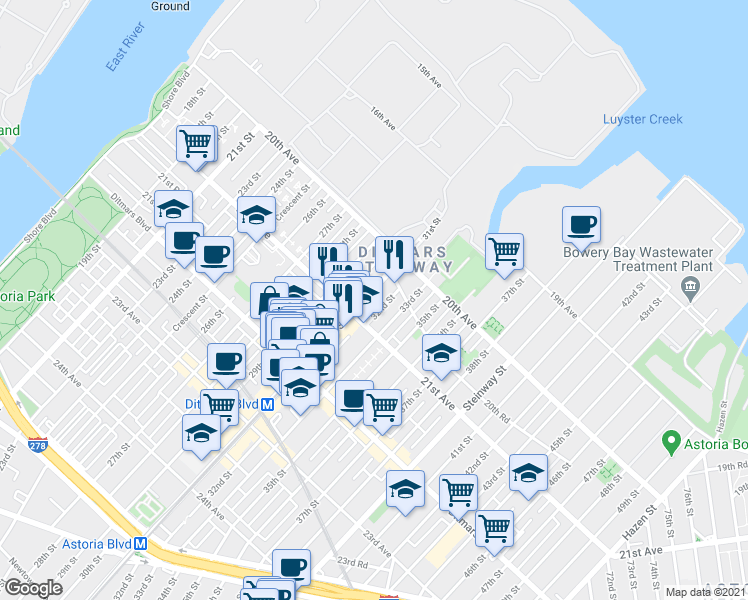 map of restaurants, bars, coffee shops, grocery stores, and more near 21-21 31st Street in Queens