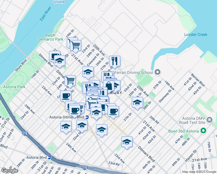 map of restaurants, bars, coffee shops, grocery stores, and more near 21-22 29th Street in Queens
