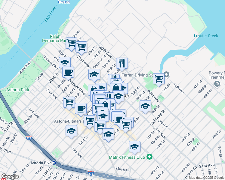 map of restaurants, bars, coffee shops, grocery stores, and more near 21-22 29th Street in Queens
