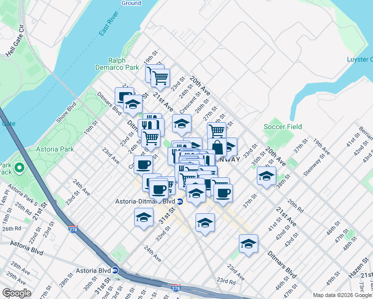 map of restaurants, bars, coffee shops, grocery stores, and more near 21-15 27th Street in Queens
