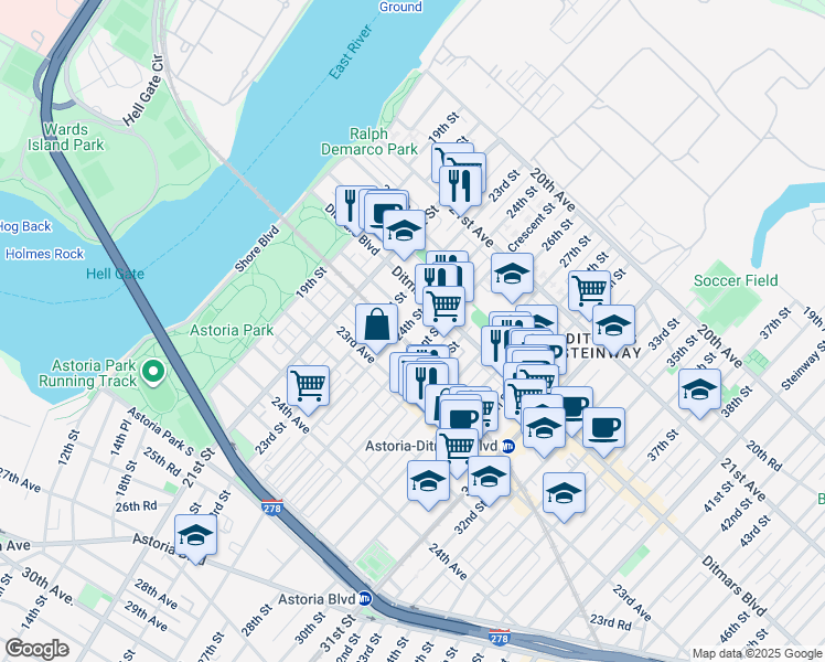 map of restaurants, bars, coffee shops, grocery stores, and more near 22-06 Crescent Street in Queens