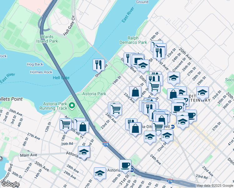 map of restaurants, bars, coffee shops, grocery stores, and more near 19-12 23rd Avenue in Queens