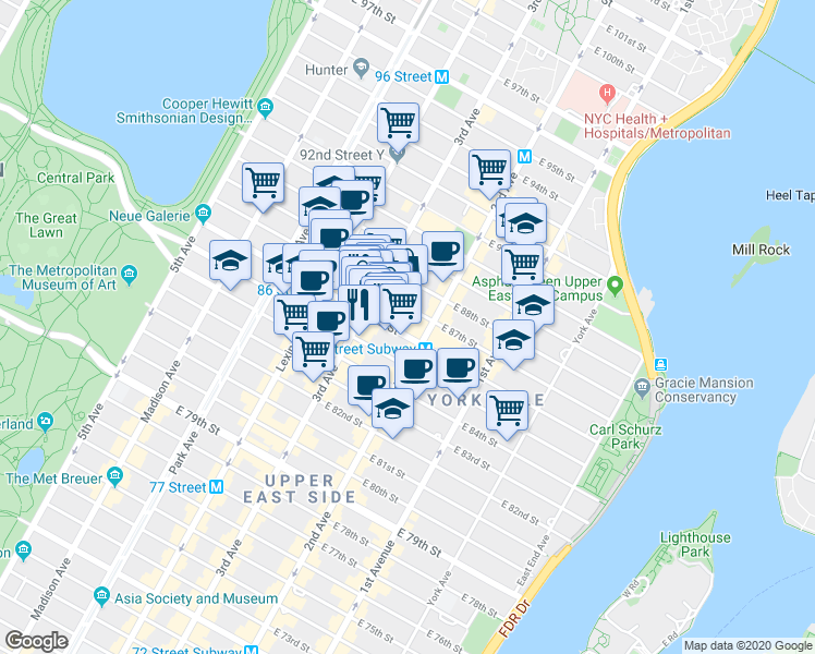 map of restaurants, bars, coffee shops, grocery stores, and more near 208 East 87th Street in New York