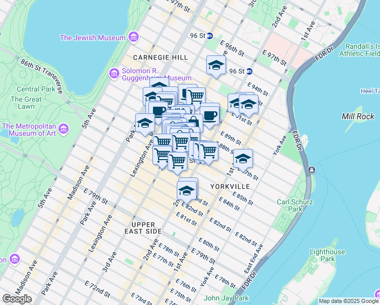 map of restaurants, bars, coffee shops, grocery stores, and more near 1529 3rd Avenue in New York