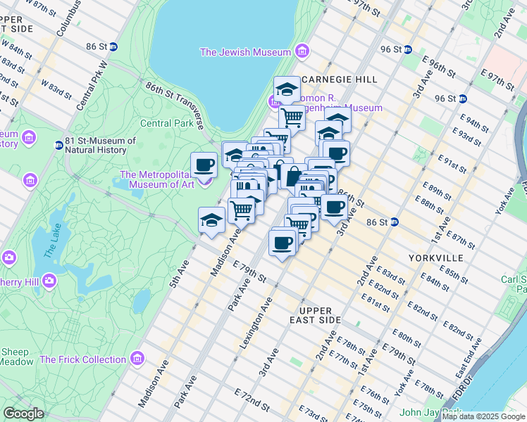 map of restaurants, bars, coffee shops, grocery stores, and more near 990 Park Avenue in New York