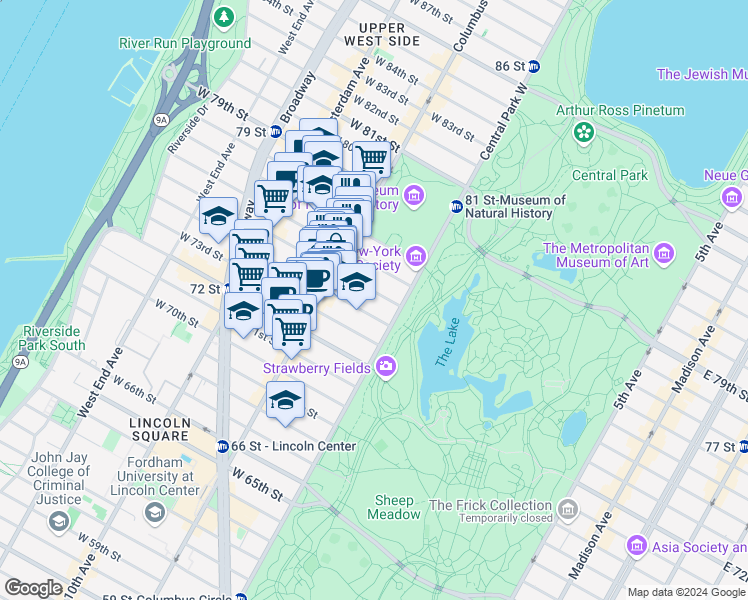 map of restaurants, bars, coffee shops, grocery stores, and more near 22 West 76th Street in New York