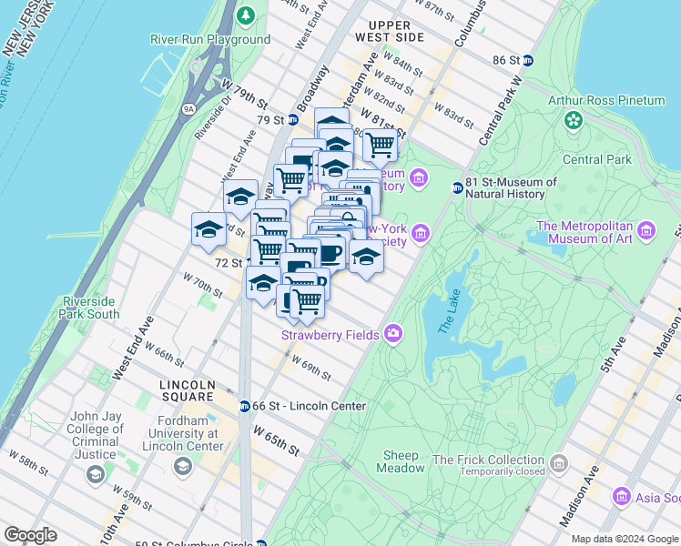 map of restaurants, bars, coffee shops, grocery stores, and more near 58 West 75th Street in New York