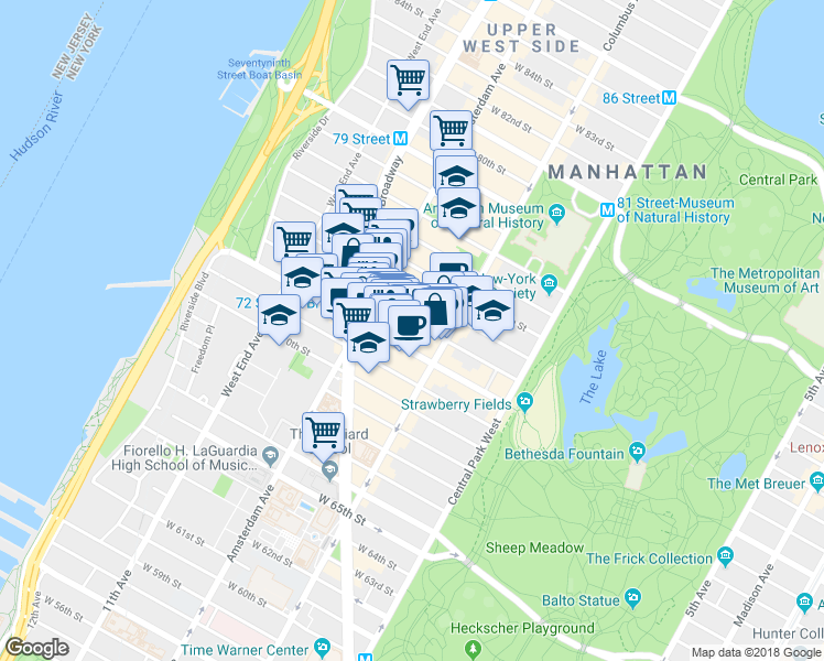 map of restaurants, bars, coffee shops, grocery stores, and more near 155 West 73rd Street in New York