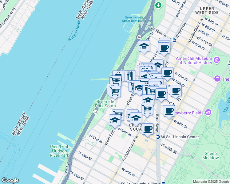map of restaurants, bars, coffee shops, grocery stores, and more near 10 Freedom Place in New York