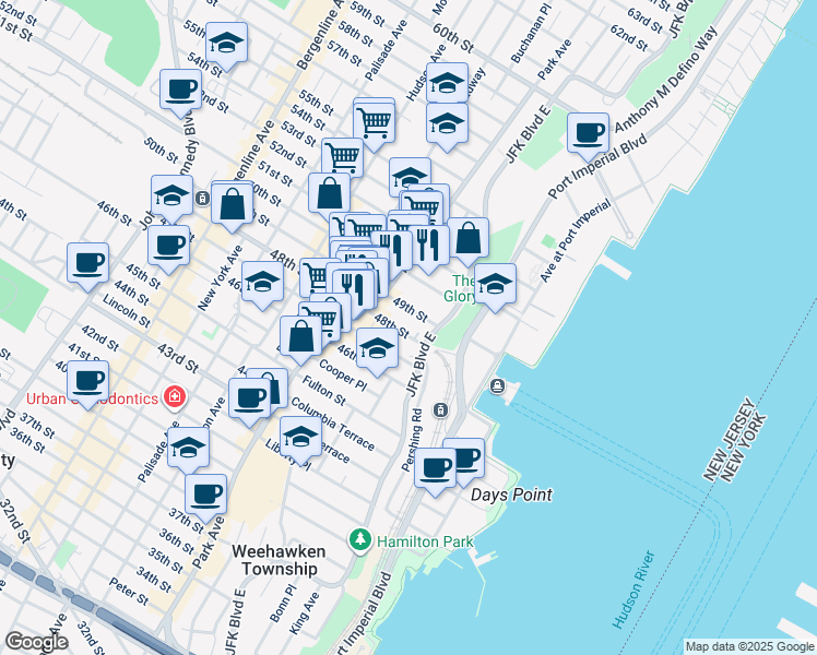 map of restaurants, bars, coffee shops, grocery stores, and more near 29 49th Street in Weehawken