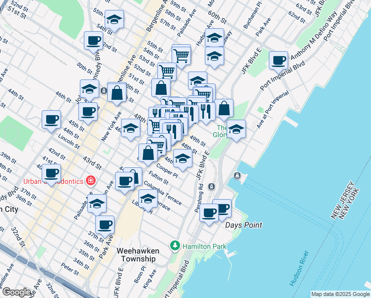 map of restaurants, bars, coffee shops, grocery stores, and more near 29 49th Street in Weehawken