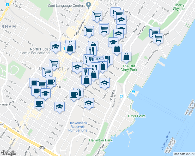 map of restaurants, bars, coffee shops, grocery stores, and more near 4801 Park Avenue in Union City