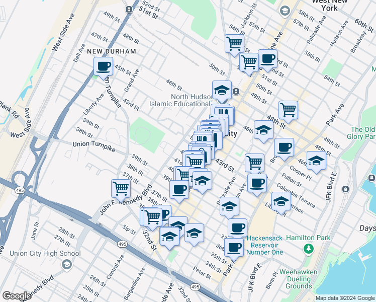 map of restaurants, bars, coffee shops, grocery stores, and more near 546 43rd Street in Union City