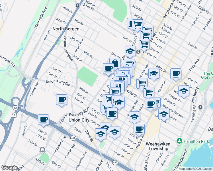 map of restaurants, bars, coffee shops, grocery stores, and more near 546 43rd Street in Union City