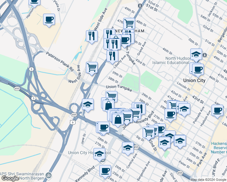 map of restaurants, bars, coffee shops, grocery stores, and more near 1524 Union Turnpike in North Bergen