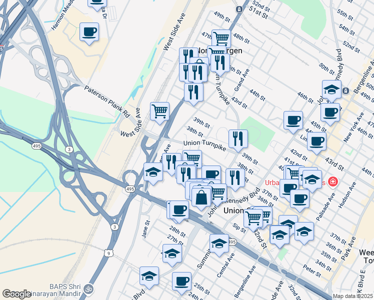 map of restaurants, bars, coffee shops, grocery stores, and more near 1524 Union Turnpike in North Bergen