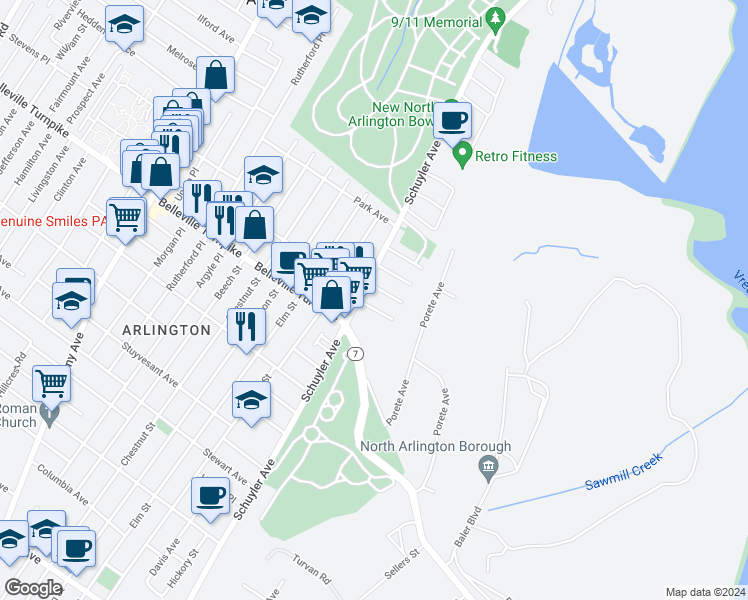 map of restaurants, bars, coffee shops, grocery stores, and more near 13 Renner Place in North Arlington