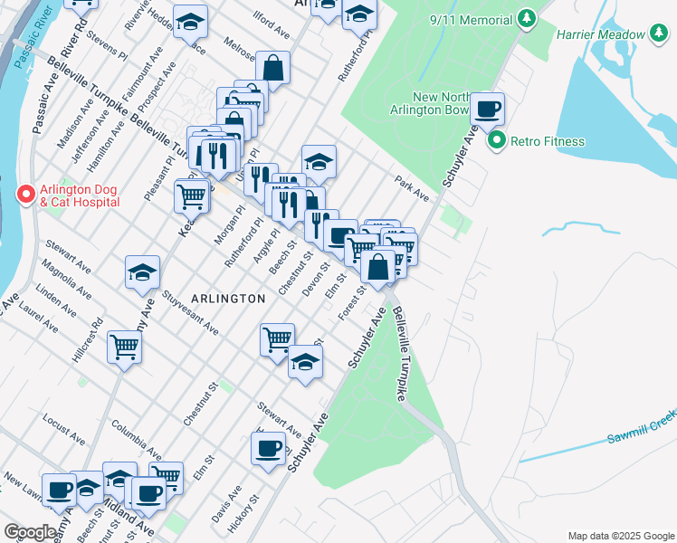 map of restaurants, bars, coffee shops, grocery stores, and more near 366 Belleville Turnpike in North Arlington