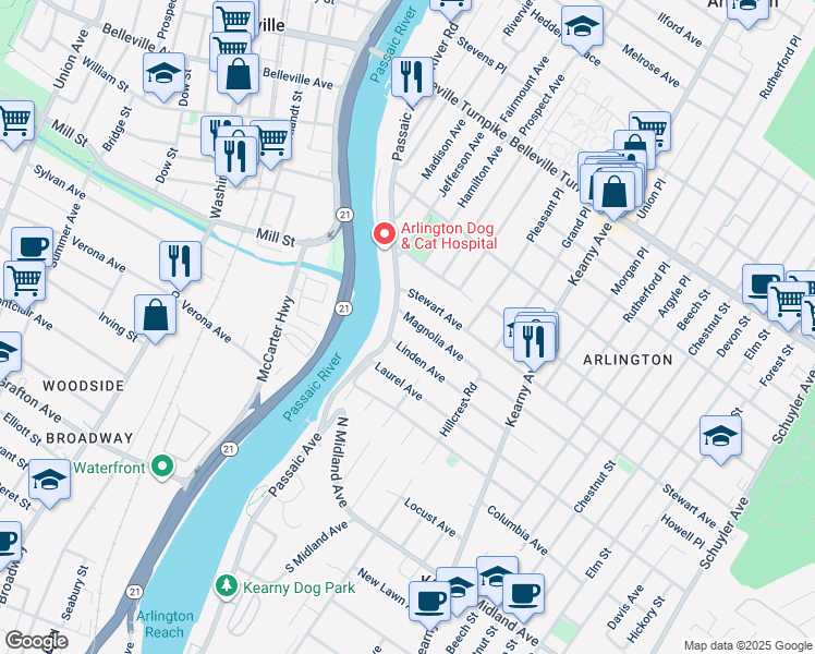 map of restaurants, bars, coffee shops, grocery stores, and more near 9 Magnolia Avenue in Kearny