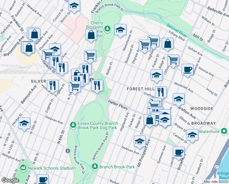 map of restaurants, bars, coffee shops, grocery stores, and more near 96 Forest Hill Parkway in Newark