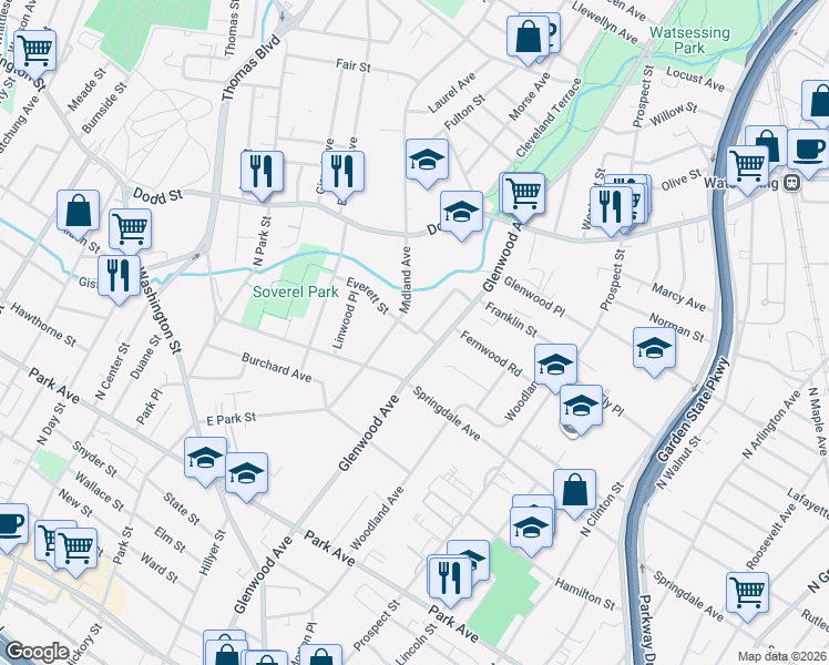 map of restaurants, bars, coffee shops, grocery stores, and more near 21 Crescent Road in East Orange