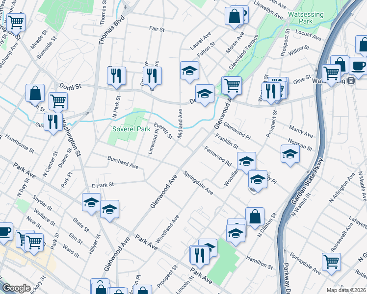 map of restaurants, bars, coffee shops, grocery stores, and more near 21 Crescent Road in East Orange
