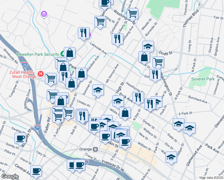map of restaurants, bars, coffee shops, grocery stores, and more near 206 Baldwin Terrace in City of Orange