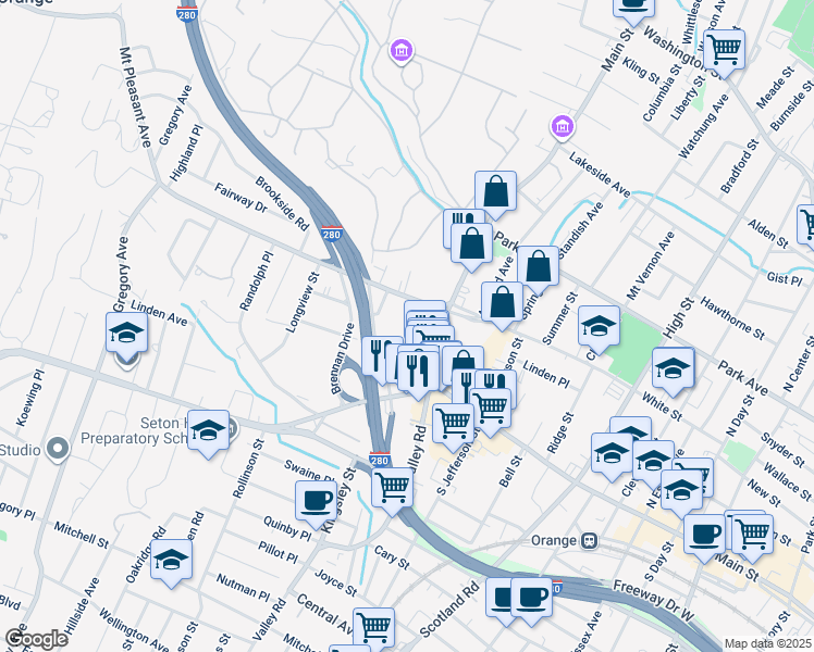 map of restaurants, bars, coffee shops, grocery stores, and more near 50 Mount Pleasant Avenue in West Orange