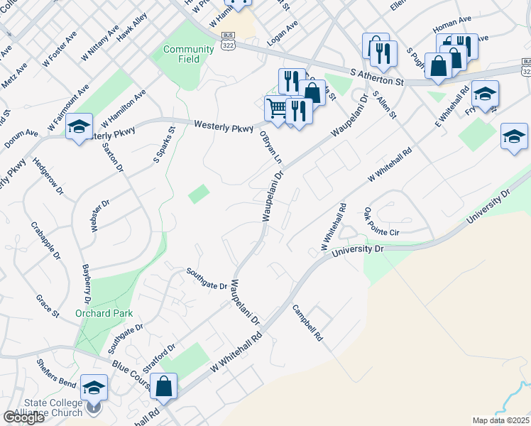 map of restaurants, bars, coffee shops, grocery stores, and more near 424 Waupelani Drive in State College