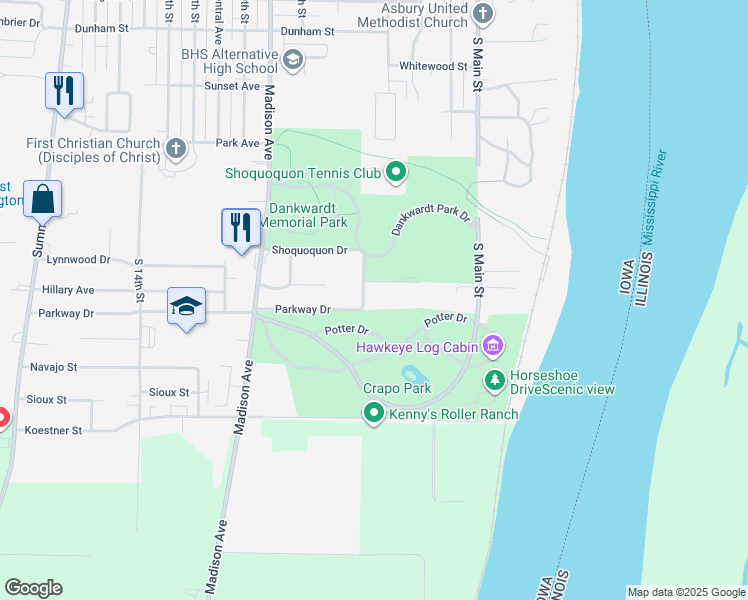 map of restaurants, bars, coffee shops, grocery stores, and more near 2610 South 5th Street in Burlington