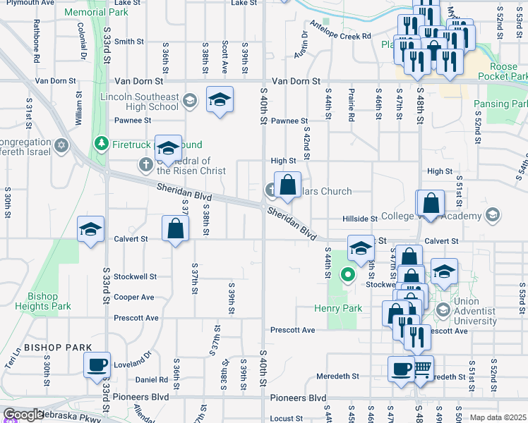 map of restaurants, bars, coffee shops, grocery stores, and more near 4000 Sheridan Boulevard in Lincoln