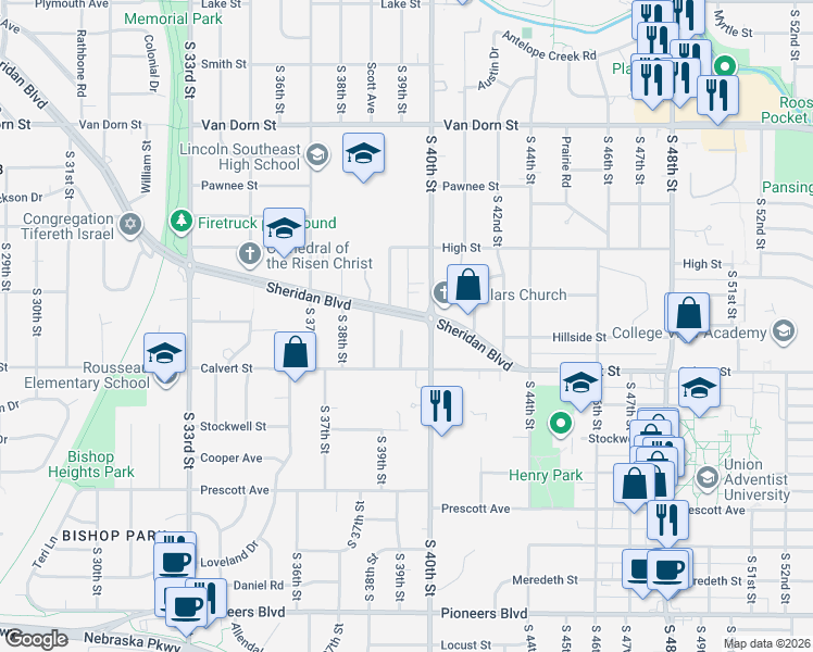 map of restaurants, bars, coffee shops, grocery stores, and more near 3924 Sheridan Boulevard in Lincoln