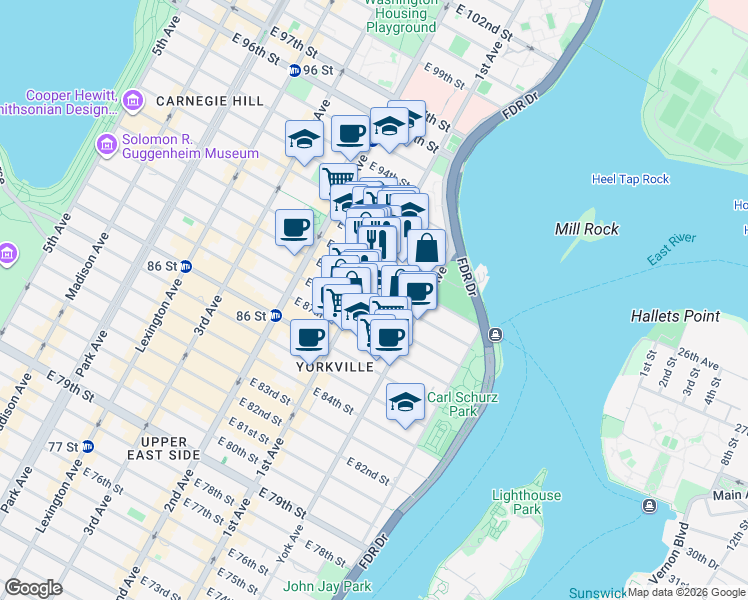 map of restaurants, bars, coffee shops, grocery stores, and more near 410 East 89th Street in New York