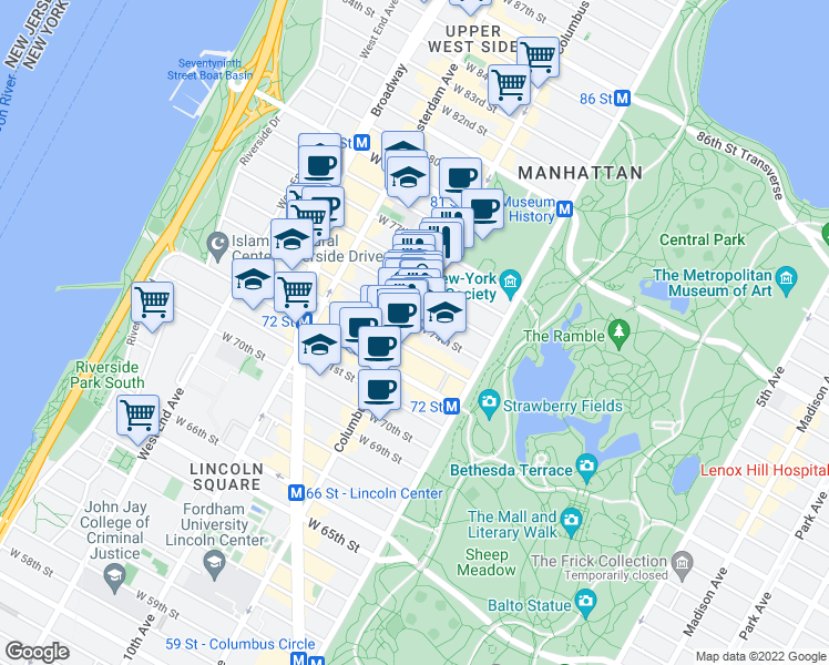 map of restaurants, bars, coffee shops, grocery stores, and more near 58 West 75th Street in New York