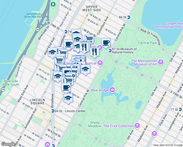 map of restaurants, bars, coffee shops, grocery stores, and more near 22 West 76th Street in New York